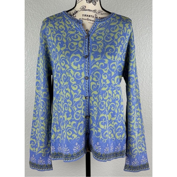 Icelandic Design Women’s Floral Print Blue Green Cardigan Sweater, size Large - Picture 2 of 8